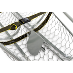 Close-up of a metal wire basket or cage with a gray metal plate and black webbing straps outlined in yellow, shown on a white background.