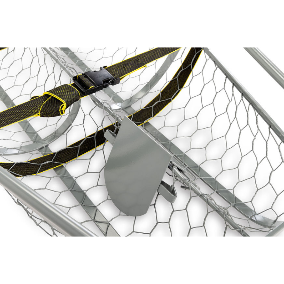Close-up of a metal wire basket or cage with a gray metal plate and black webbing straps outlined in yellow, shown on a white background.