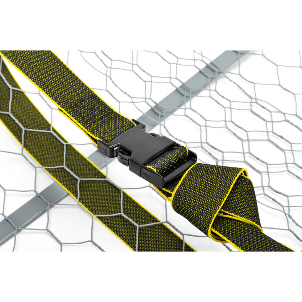 A close-up of a black plastic quick-release buckle strap with olive green and yellow webbing, shown against a white background with a gray wire mesh pattern.