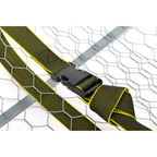 A close-up of a black plastic quick-release buckle strap with olive green and yellow webbing, shown against a white background with a gray wire mesh pattern.