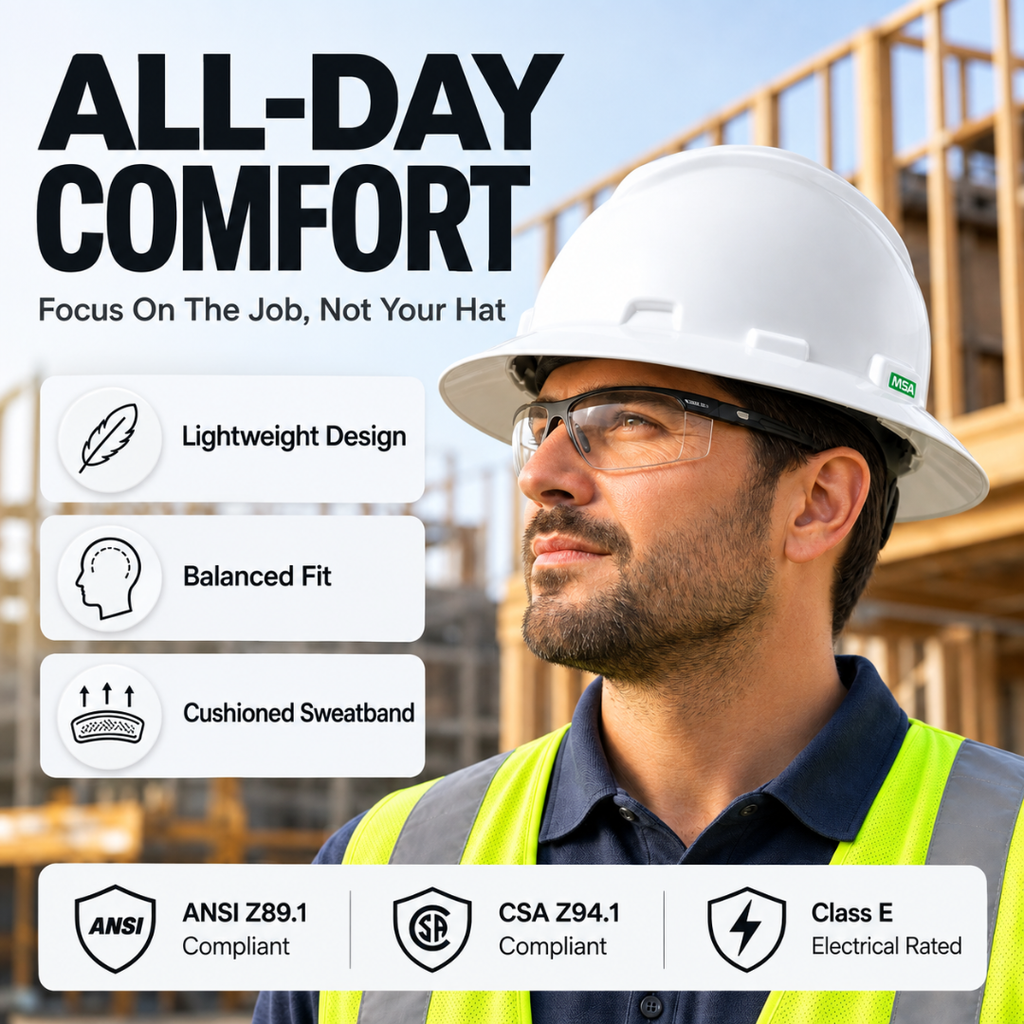 MSA V-Gard Full Brim Safety Helmet with Fas-Trac III Ratchet Suspension